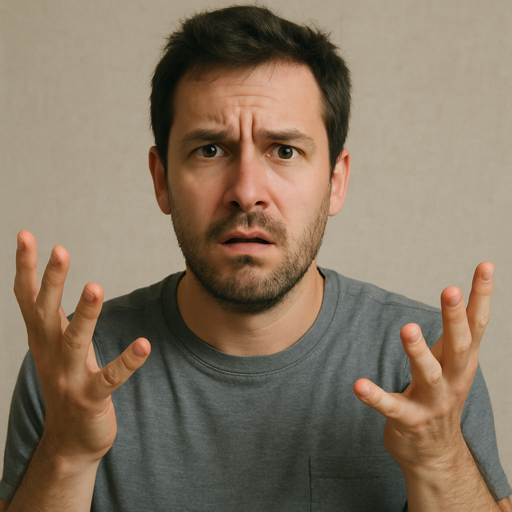 Confused man with raised hands and furrowed brows wearing a gray t-shirt