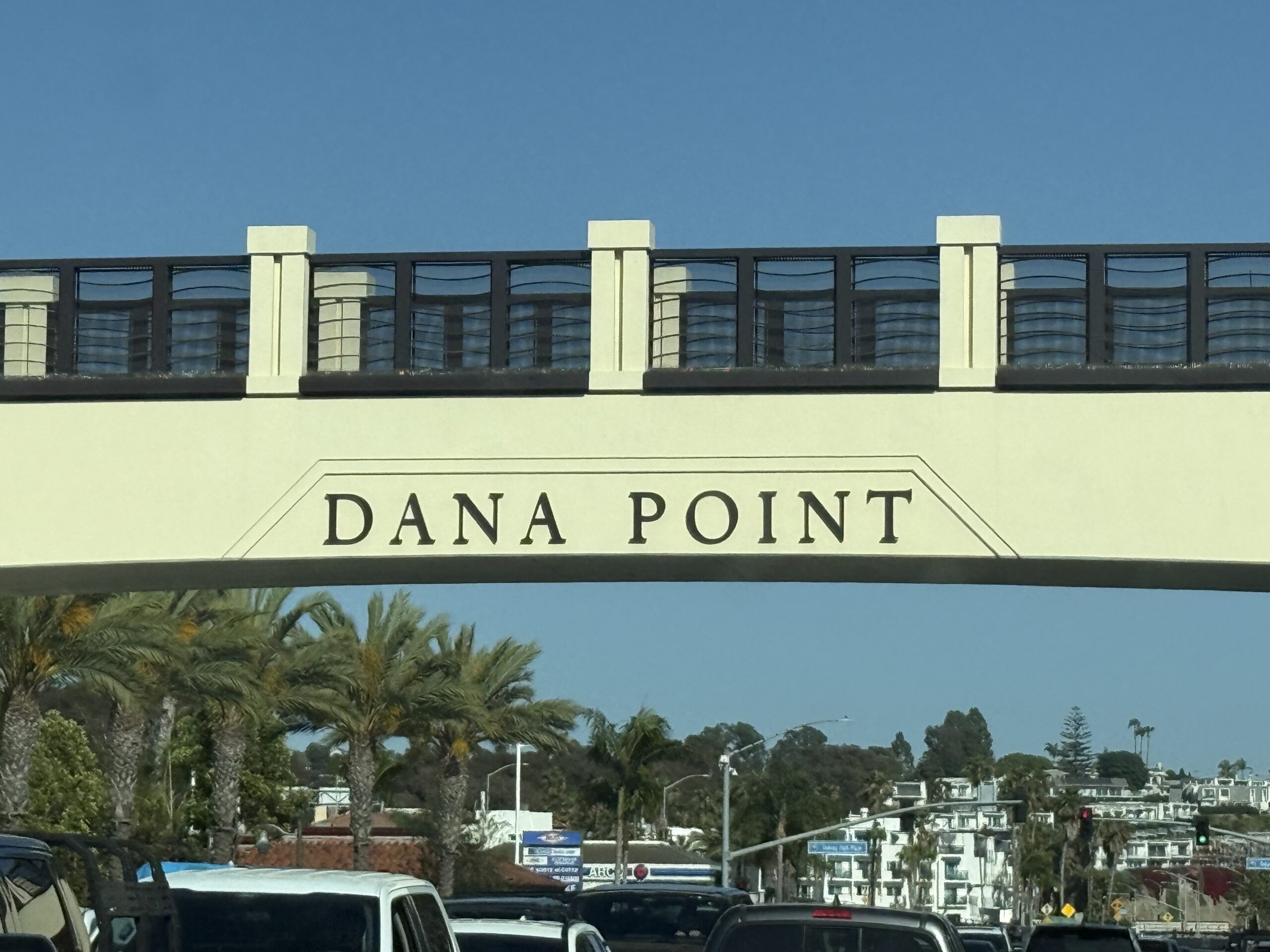 Overpass with sign reading 'Dana Point' above a traffic jam with palm trees and buildings in the background
