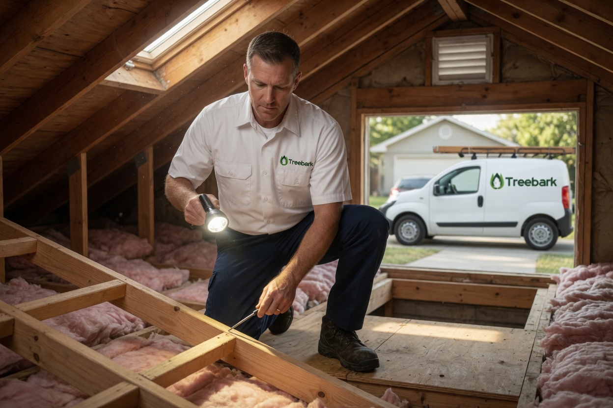 Technician inspecting attic insulation with flashlight and screwdriver