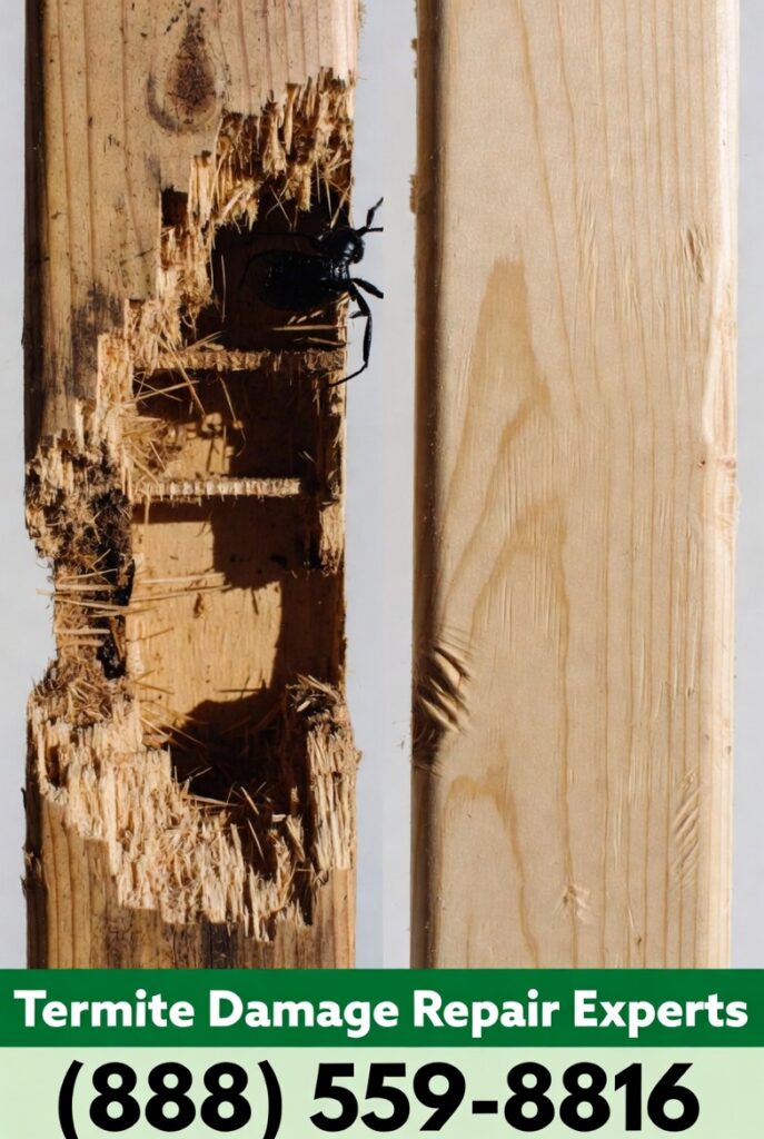 Get your free termite damage inspection and repair – Call (888) 559-8816 1 Termite damage repair before and after on wooden beam by Treebark Termite and Pest Control