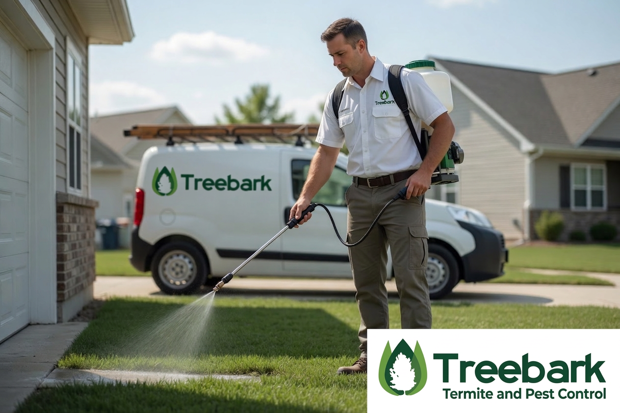 Technician spraying pesticide on lawn in front of house with Treebark company van and logo visible