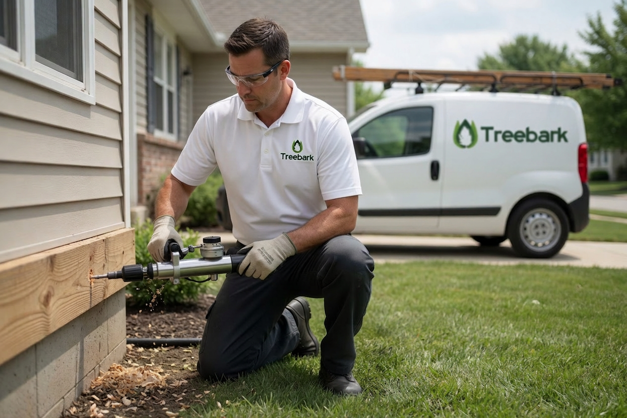 Technician wearing gloves and safety glasses using a drill-like tool on house siding with Treebark pest control van in background