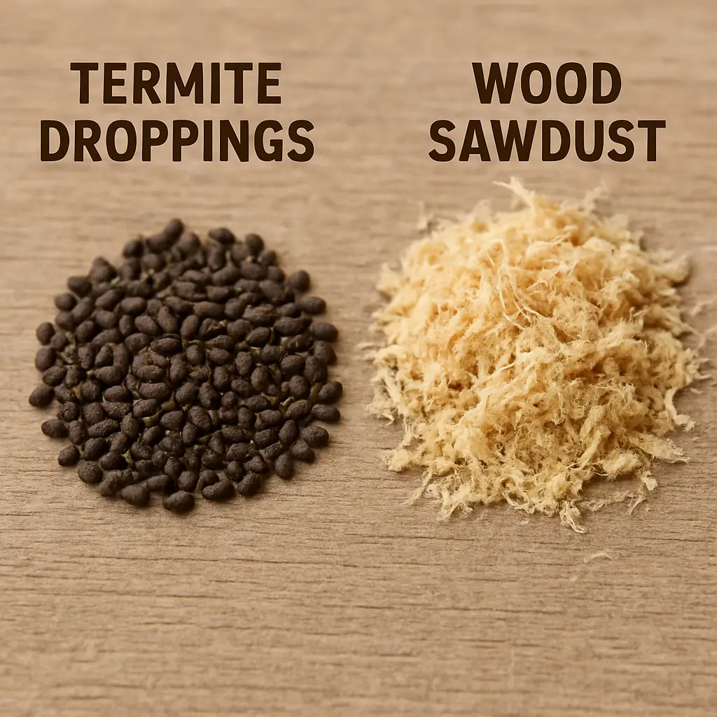 The waste material produced by termites after consuming wood consists of termite droppings and sawdust.