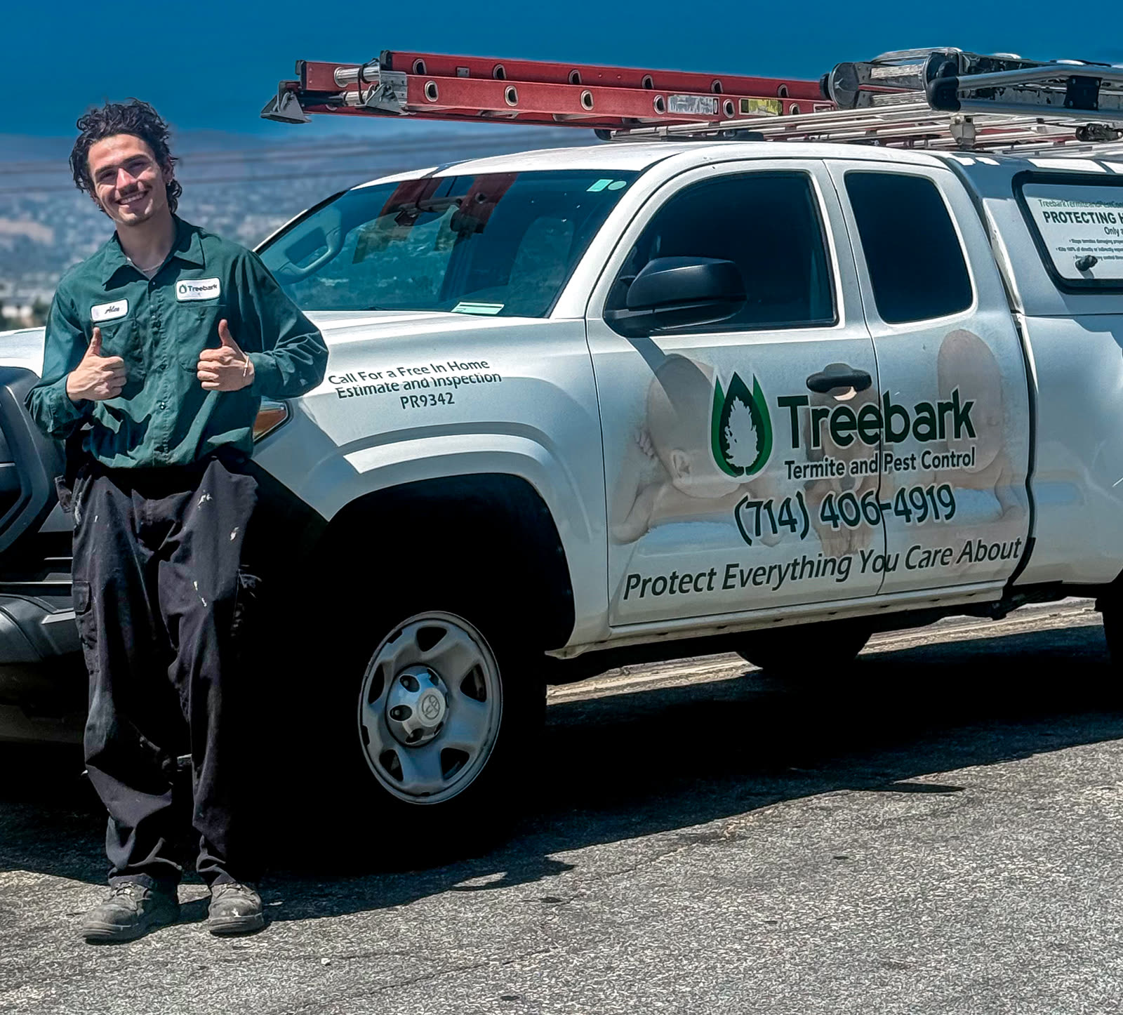 Termite Treatment Without Tenting in Southern California 1 Treebark technician Alex with the service truck after a job