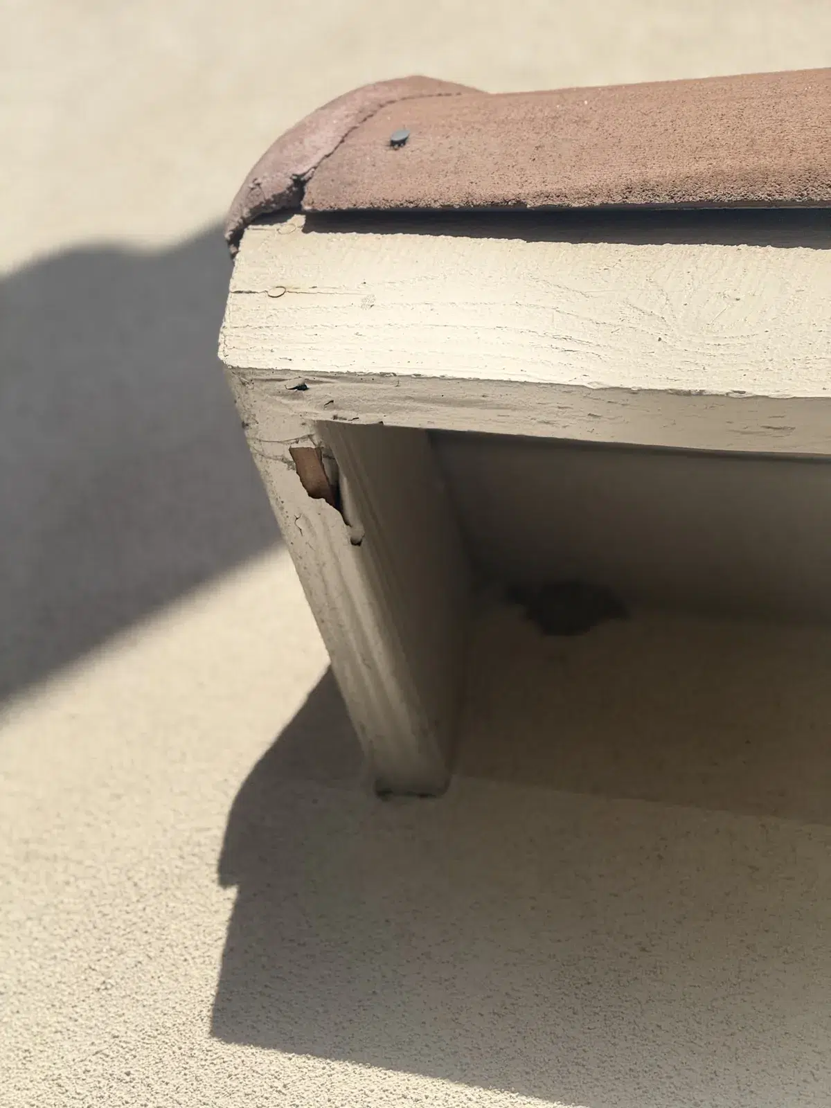 Close-up of damaged eave rafter and roof trim found during a San Clemente termite inspection