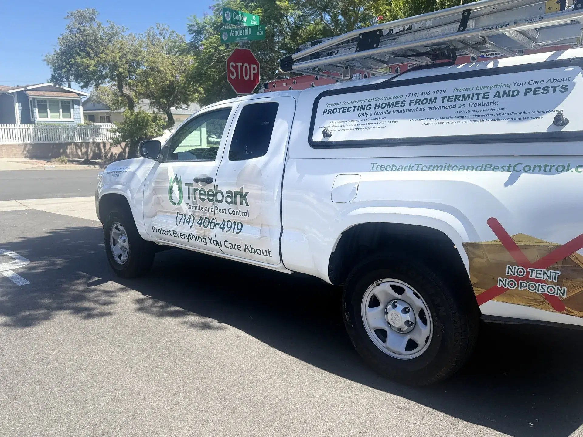 Treebark termite control truck serving an Anaheim neighborhood
