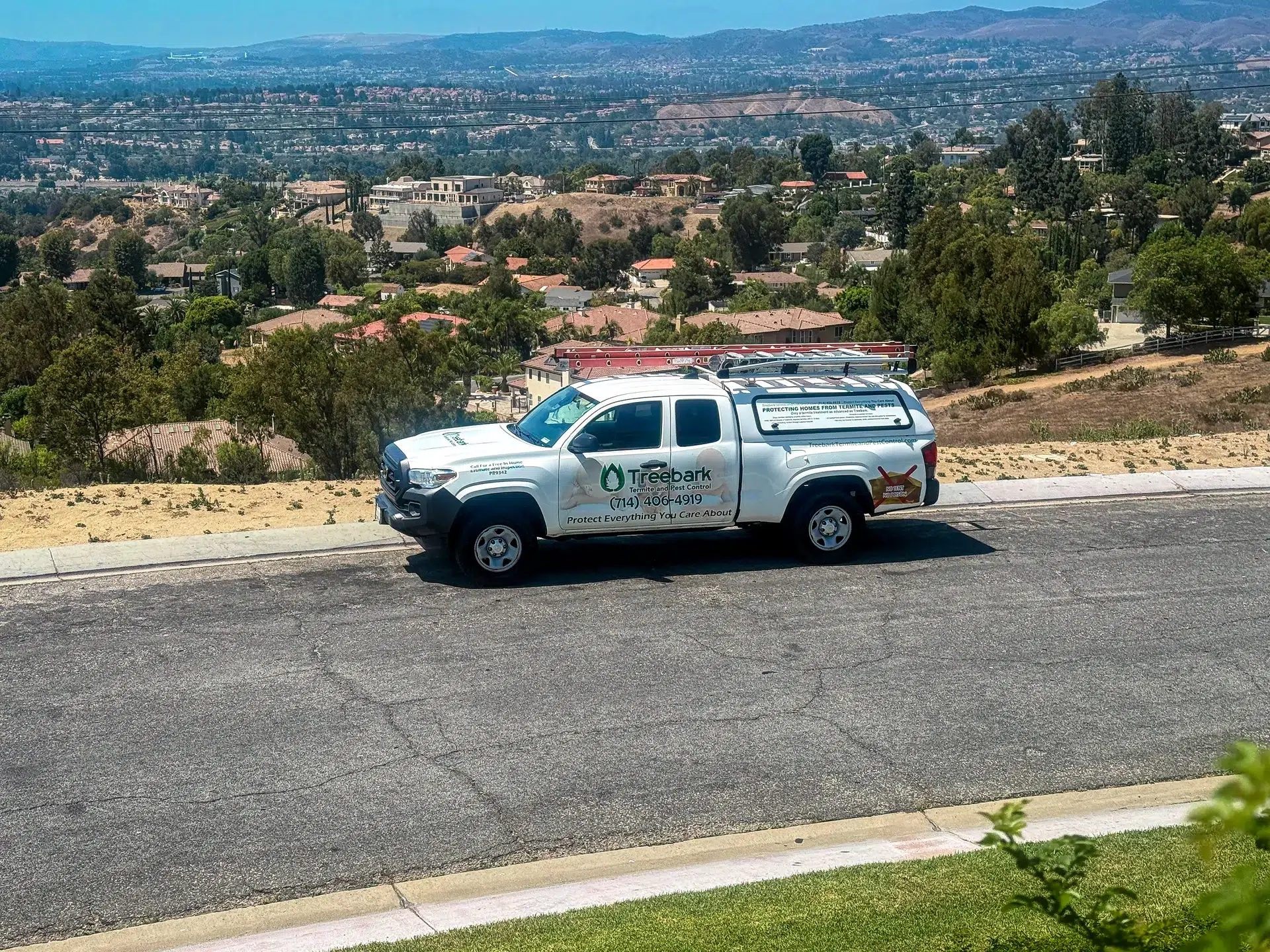 Treebark Termite and Pest Control branded Tacoma overlooking South Bay hillside homes near Torrance