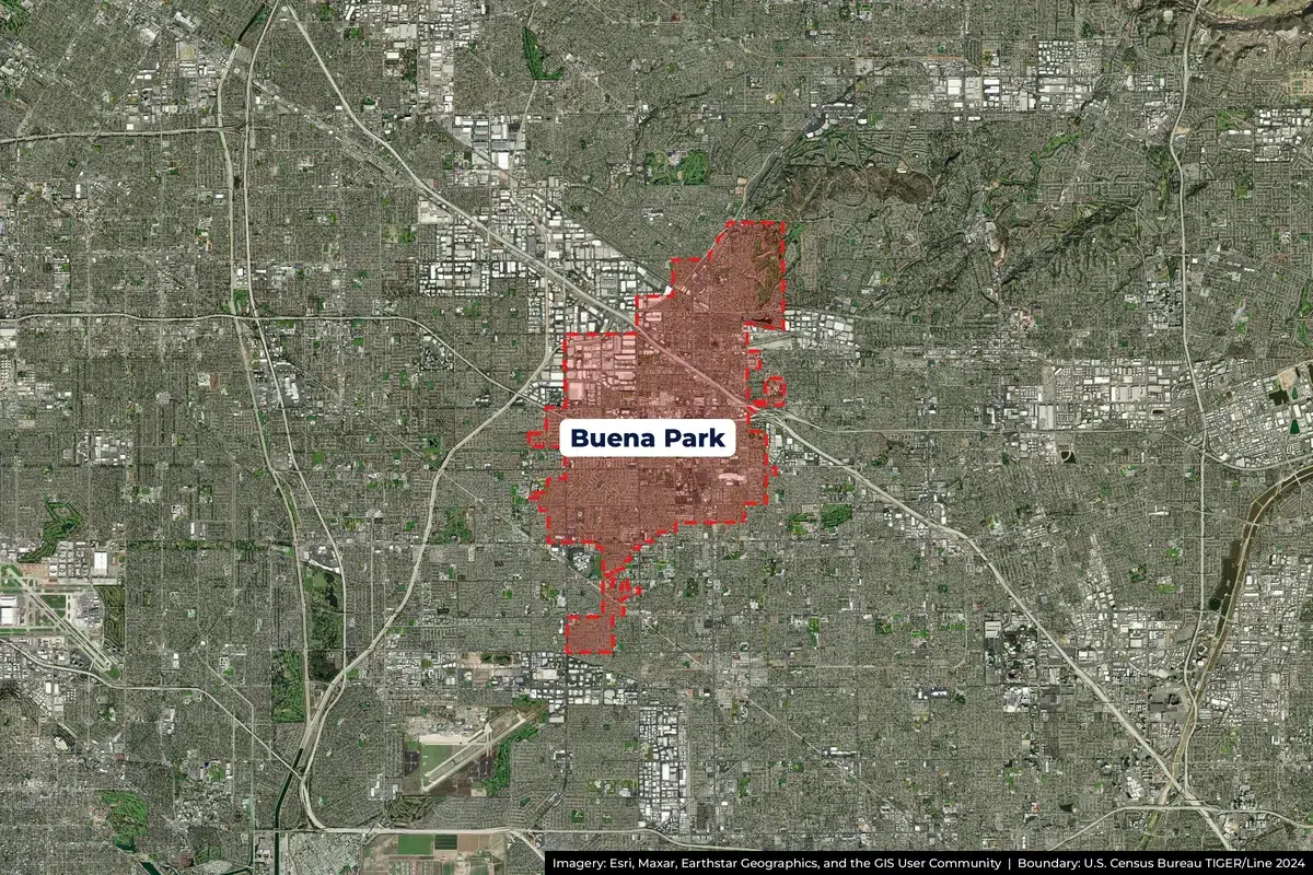 Satellite map of Buena Park, CA service area with city boundary outlined