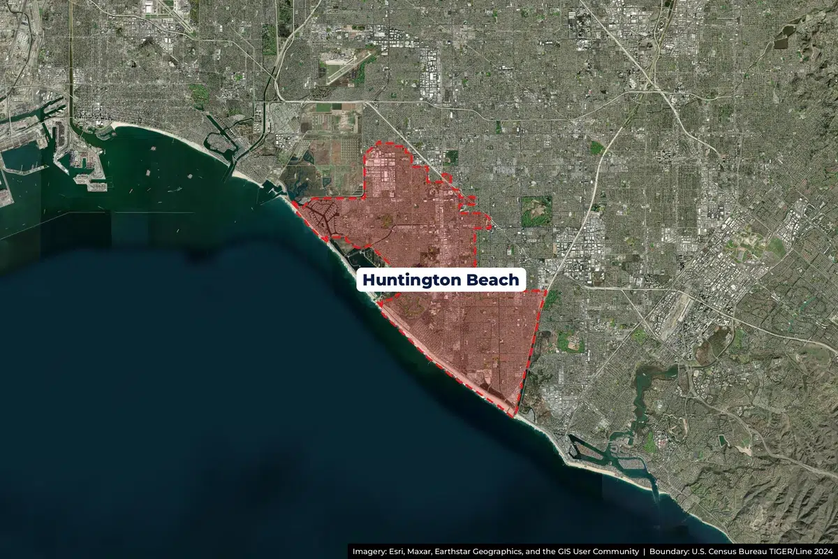 Satellite map of Huntington Beach, CA service area with city boundary outlined