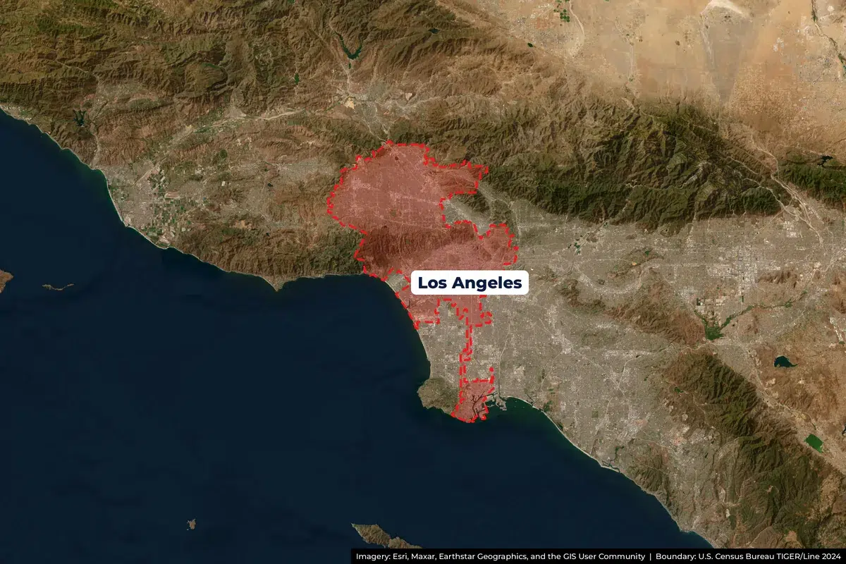 Los Angeles, CA service area satellite map Satellite map of Los Angeles, CA service area with city boundary outlined