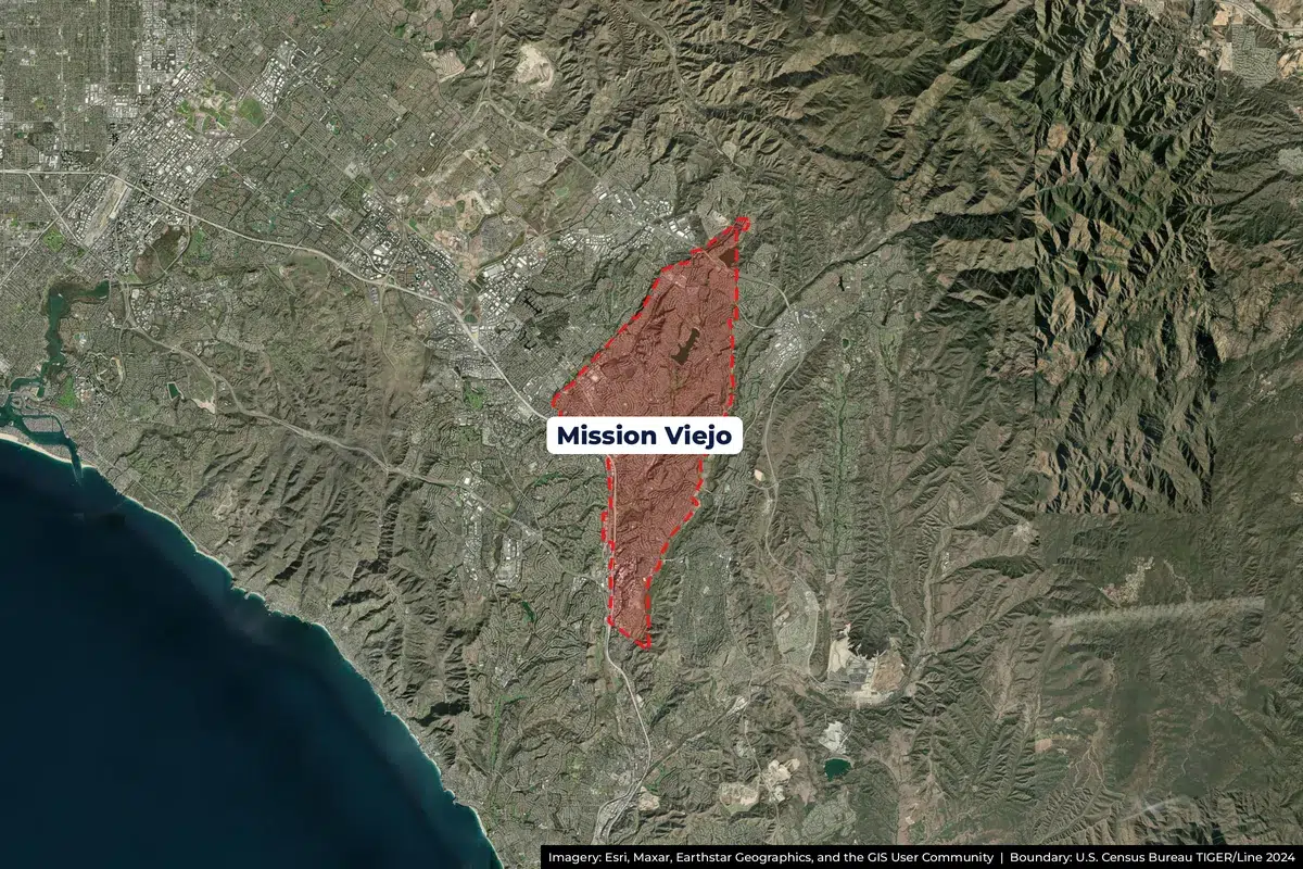 Satellite map of Mission Viejo, CA service area with city boundary outlined