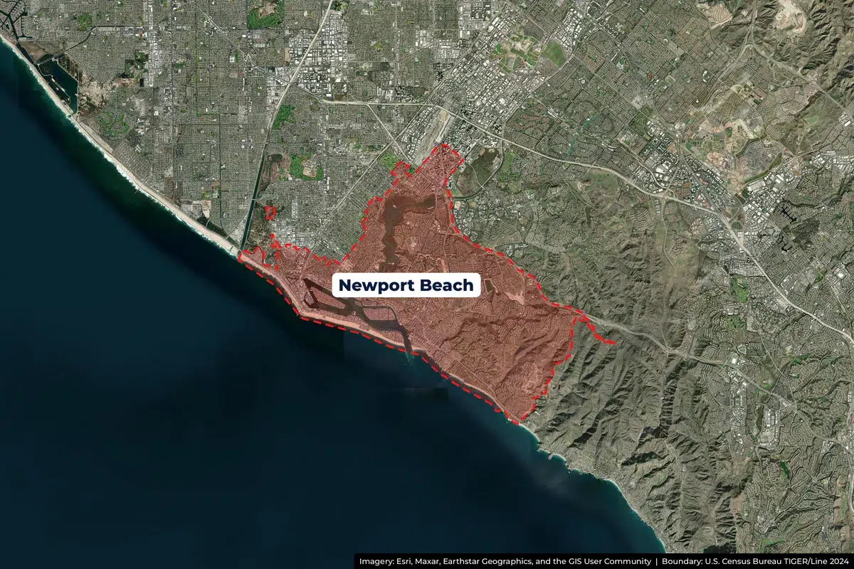 Satellite map of Newport Beach, CA service area with city boundary outlined Satellite map of Newport Beach, CA service area with city boundary outlined
