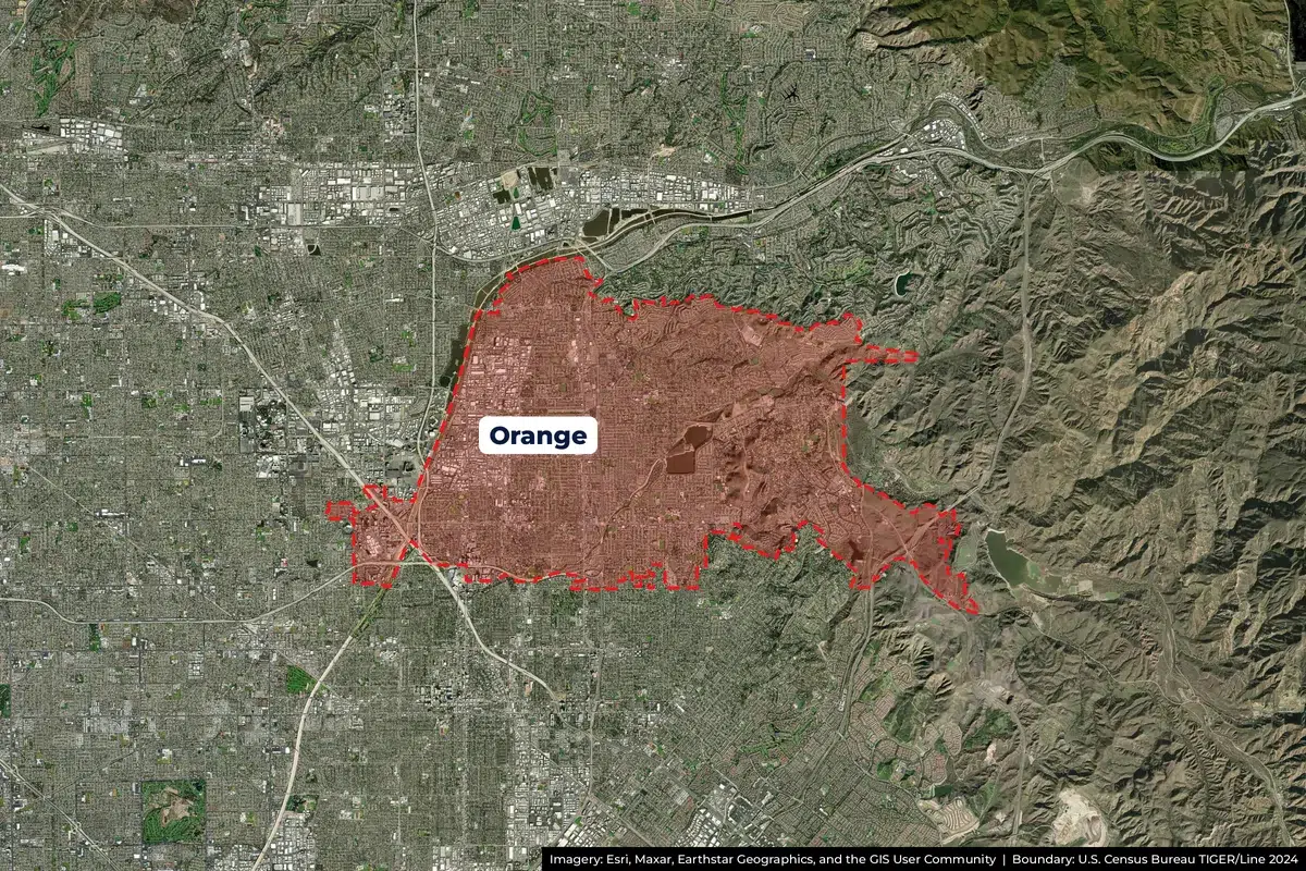 Orange, CA service area satellite map Satellite map of Orange, CA service area with city boundary outlined