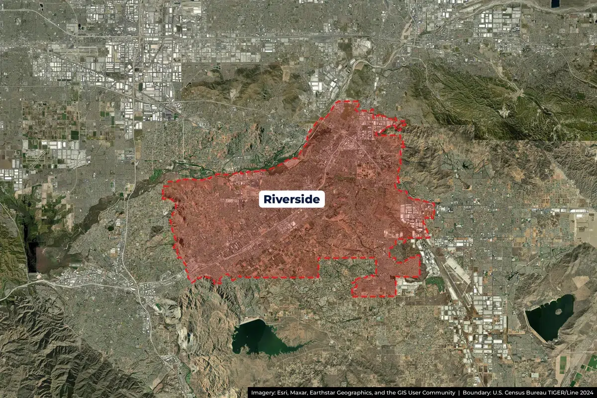 Satellite map of Riverside, CA service area with city boundary outlined Satellite map of Riverside, CA service area with city boundary outlined
