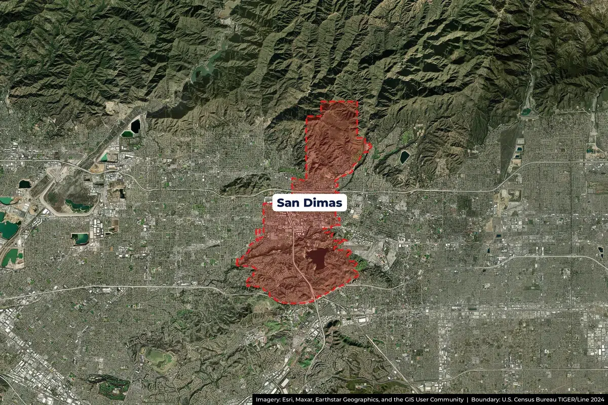 San Dimas, CA service area satellite map Satellite map of San Dimas, CA service area with city boundary outlined