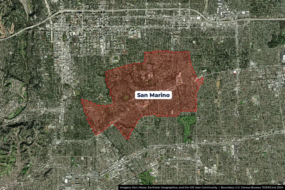 San Marino 71 Satellite map of San Marino, CA service area with city boundary outlined